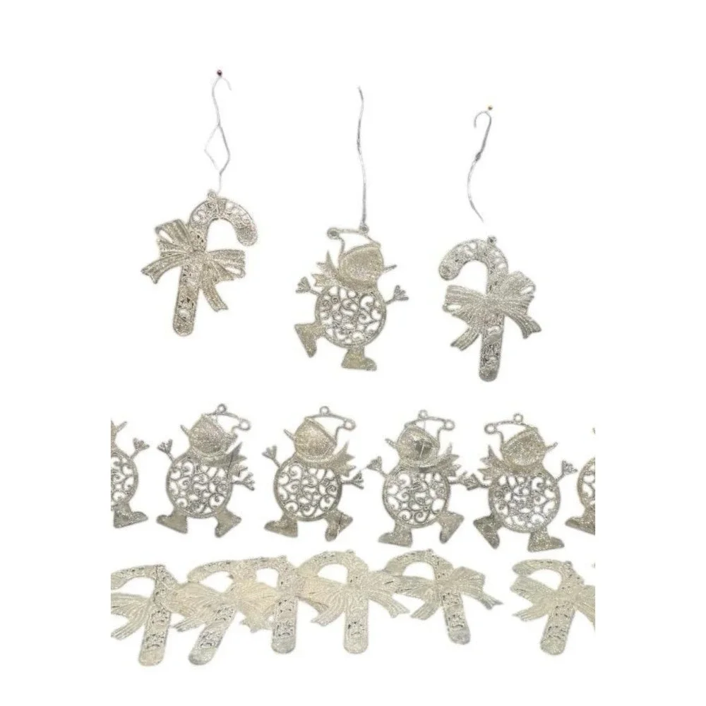 White Iridescent Glitter Christmas Ornaments 11 Snowmen + 9 Candy Canes Lot 20‎
